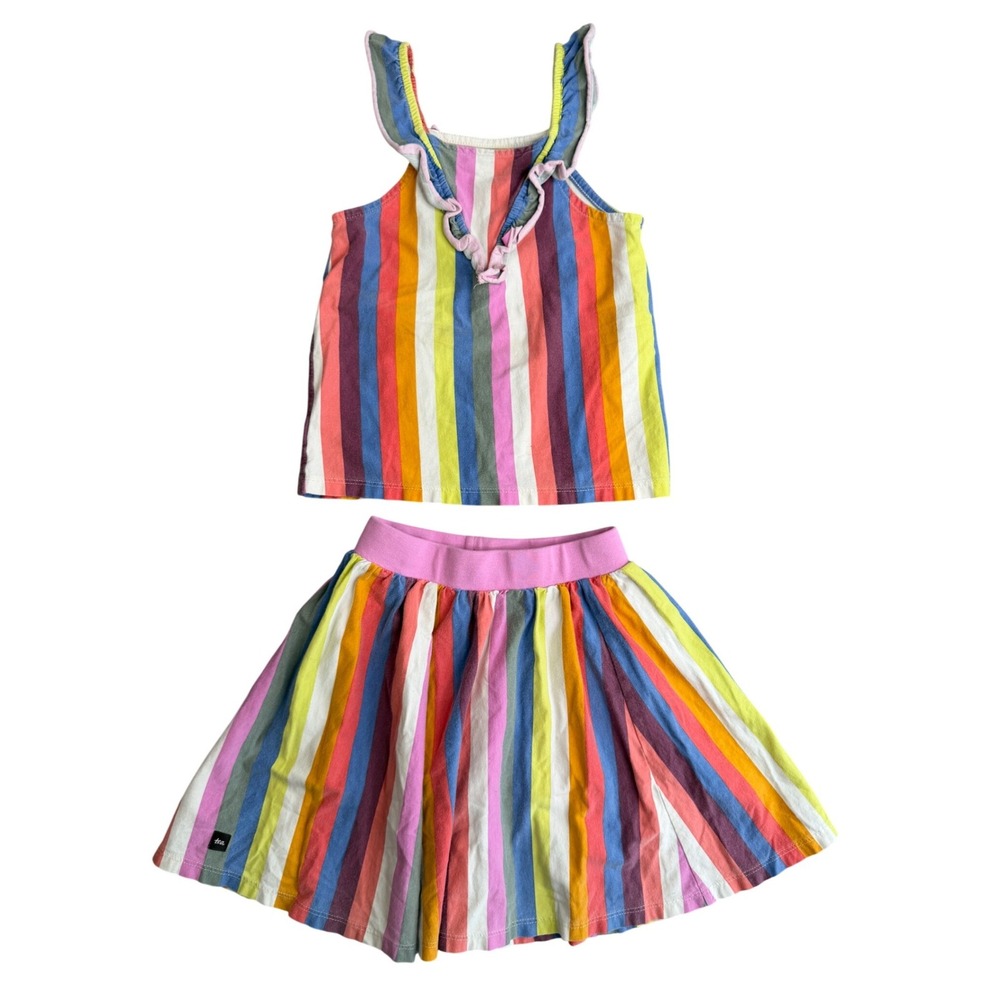 Tea Collection Rainbow Striped Ruffle Tank Top Mini Skirt Skort Girls 6 Cotton